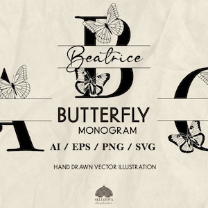 Pacote de monogramas SVG Monograma de casamento de borboleta Svg Letras pretas divididas Moldura de nome Borboletas Contorno do alfabeto ABC Cricut Letra PNG Vetor
