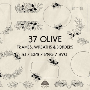 Olijfkrans Frames Svg-bundel Olijf Frame Clipart lijntekeningen olijftak bloemen grens Divider botanische hoek gesneden bestand Svg commercieel gebruik