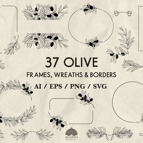 Olive Wreath Frames Svg Bundle Olive Frame Clipart Line Art Olive Branch Floral Border Divider Botanical Corner Cut File Svg Commercial Use