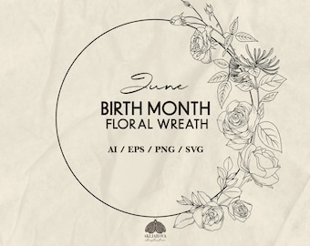 June Birth Month Floral Wreath SVG: Rose Honeysuckle Line Art Frame (+ png, eps. ai)