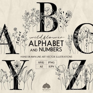 Wildblumen Alphabet SVG Bundle Floral Buchstaben und Zahlen ABC Handgezeichnete botanische Schrift SVG Blume Hochzeit Monogramm Cricut Große Buchstaben PNG