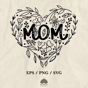 Mamá Svg Corazón floral Svg Amor Svg Amor Mamá Svg Día de la Madre Svg Contorno de corazón de flores Dibujo de línea de corazón Doodle Tarjeta romántica Botánico Png