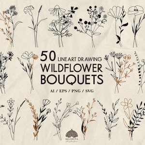 Wildflower Bouquet SVG Bundle: 50 Botanical Line Art Vector Designs (+PNG, EPS)