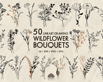 Wildflower Bouquet SVG Tattoo Designs: 50 Botanical Line Art Illustrations (+PNG, EPS)
