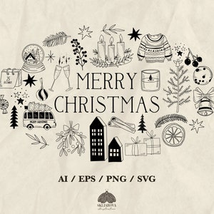 Merry Christmas Svg Holiday Hand drawn Winter Svg Doodle Merry Christmas stencil template Cricut File Outline print Vector Png Svg EPS AI