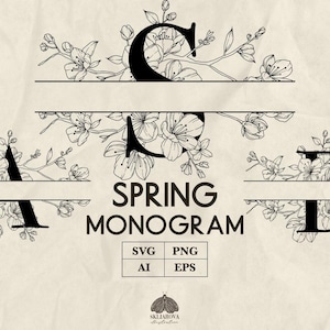 May include: Black and white illustration of a spring monogram with the letters A, C, and D surrounded by stylized cherry blossoms. The text "SPRING MONOGAM" is below the letters. The text "SVG, PNG, AI, EPS" is below the monogram.
