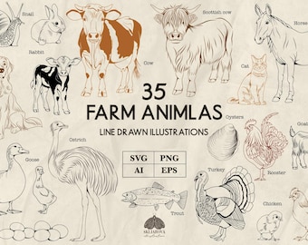 Farm Animals SVG Bundle: 35 Hand Drawn Outline Illustrations ( + PNG, EPS)