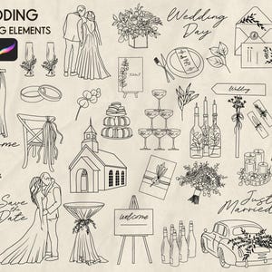 May include: A set of 100 black and white line drawing elements for wedding invitations, stationery, and other wedding-related projects. The illustrations include a church, a couple, flowers, candles, wine bottles, glasses, and more.