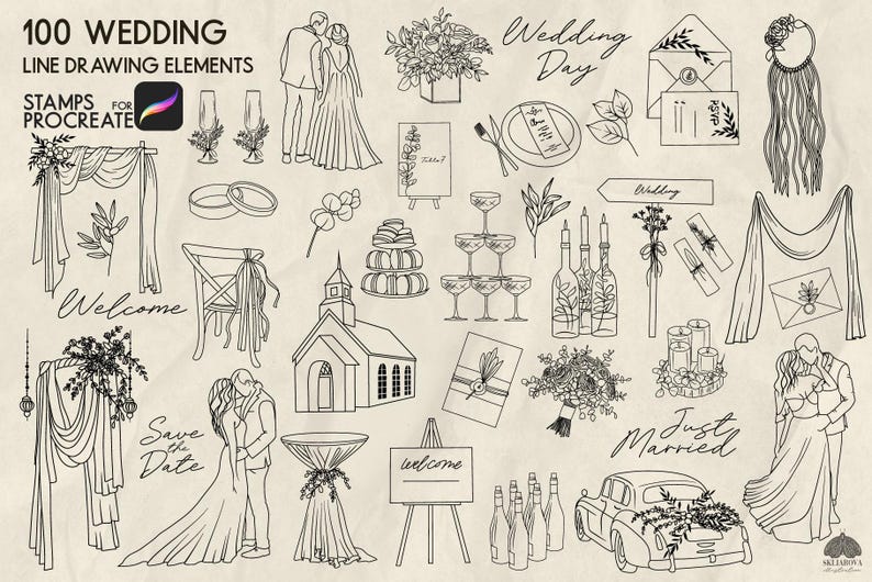 May include: A set of 100 black and white line drawing elements for wedding invitations, stationery, and other wedding-related projects. The illustrations include a church, a couple, flowers, candles, wine bottles, glasses, and more.