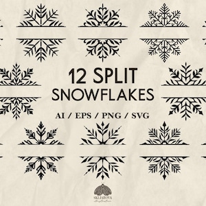 Schneeflocke geteilter RahmenSvg WinterrahmenSvg Schnee-Weihnachtsname RahmenSvg Kranz Silhouette Schneeflocke Schablone Monogramm Png-Datei für Cricut