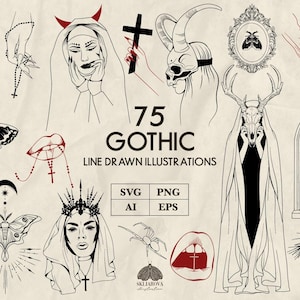 Może przedstawiać: Kolekcja 75 czarno-czerwonych ilustracji liniowych z motywami gotyckimi, w tym ćmy, zakonnica, postać w masce czaszki, istota z czaszką jelenia, krzyże, ozdobne ramki, usta, dłonie z różańcami, pająk oraz gotycki łuk.