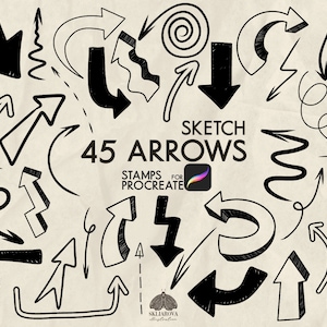 Puede incluir: Un conjunto de 45 sellos de flechas dibujados a mano en blanco y negro para Procreate. Las flechas son de varios estilos, incluyendo curvas, rectas y anguladas. El texto "SKETCH 45 ARROWS STAMPS FOR PROCREATE" está incluido en la imagen.