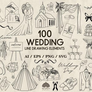 Paquete de Svg de boda, contorno de arte lineal nupcial dibujado a mano, iconos de dibujo lineal de boda, clipart PNG, ilustración de doodle para invitación de boda