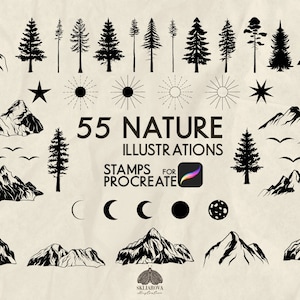 Forest Trees Procreate Stamps Brushes Set Pine Fir Silhouette Mountain Procreate Brush Nature Brushes for Procreate Sun Moon Procreate Stamp