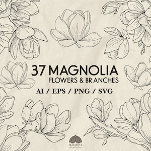 Magnolia Line Art SVG Bundle: 37 Floral Vector Elements and Botanical Illustrations (+ PNG, EPS)