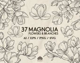 Magnolia Svg Bundle Spring Flowers Clipart Line Art Magnolia Branch Botanical Hand Drawn Vector Illustration Floral Cut File Commercial Use