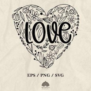 Amor Svg Corazón floral Svg Corazón de flores Día de San Valentín Svg Dibujo lineal de corazón de flores silvestres Contorno de corazón Doodle Tarjeta romántica Botánico Png