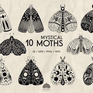 May include: Ten black and white illustrations of moths with intricate patterns and designs. The moths are all different shapes and sizes, and some have wings that are spread out while others have wings that are folded. The text "Mystical 10 Moths" is written in black at the top of the image.