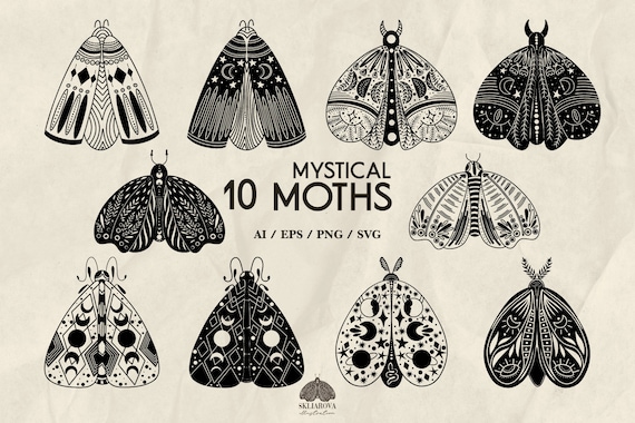 Celestial Moth Outline: Magic Moon Butterfly SVG, PNG, EPS (10 illustrations)
