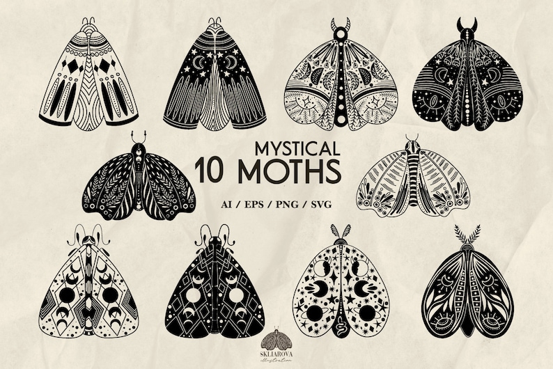 May include: Ten black and white illustrations of moths with intricate patterns and designs. The moths are all different shapes and sizes, and some have wings that are spread out while others have wings that are folded. The text "Mystical 10 Moths" is written in black at the top of the image.