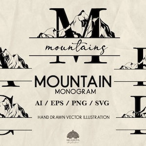 Berg Split Monogram SVG Bundel Natuur Monogram Bergen Hand Getrokken Split Letters Bruiloft Berg Alfabet ABC Cricut PNG Vector Logo