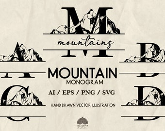 Mountain Split Monogram SVG Bundle: Nature Hand Drawn Alphabet (+ PNG, EPS)