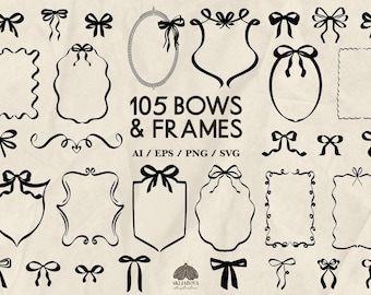 May include: A set of 105 black and white vector illustrations of bows and frames. The illustrations are in a vintage style and are perfect for adding a touch of elegance to your designs.