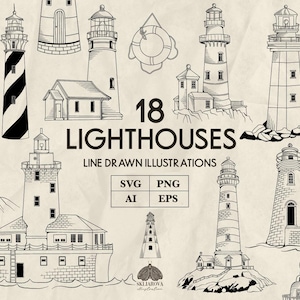 Puede incluir: Ilustración de 18 faros dibujados a línea, de diversos estilos. La imagen incluye el texto "18 Lighthouses" y opciones de archivo: SVG, PNG, AI y EPS. Las ilustraciones son en blanco y negro.