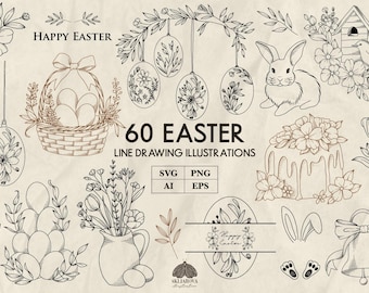 Easter SVG Bundle: Spring Bunny, Eggs, Basket Line Illustrations (+ Png, Eps, Ai files)