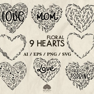 Bloemen harten Svg liefde Svg hart lijntekening Valentijnsdag Svg Wildflower hart frame grens Svg bloem moeder liefde zeer fijne tekeningen bestand voor Cricut