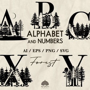 Bos alfabet SVG bundel natuur monogram hand getrokken dennenboom letters cijfers clipart hout bruiloft bos alfabet ABC Cricut png vector