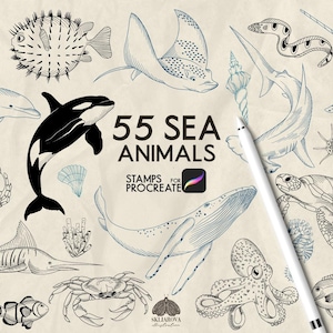 Pode incluir: Uma coleção digital de 55 ilustrações de animais marinhos, incluindo estrela-do-mar, peixe-balão, raia, golfinho, orca, caranguejo, baleia, polvo, tartaruga e lagosta. O texto diz 55 SEA ANIMALS STAMPS FOR PROCREATE com uma caneta stylus.