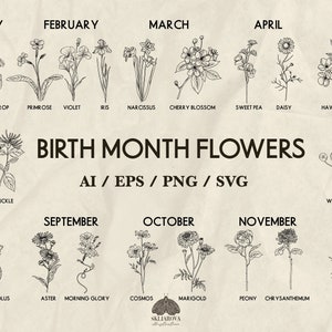 Bundle Svg fleurs du mois de naissance Dessin au trait Fleur de naissance du mois Svg Mois de naissance Svg floral botanique Rose Marguerite pavot Narcisse Anniversaire
