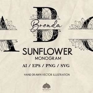 Sonnenblume Monogramm SVG Png Alphabet Clipart Blumen Hochzeit Monogramm Blume Hand gezeichnet Botanischer ABC Cricut Buchstabe Vektor