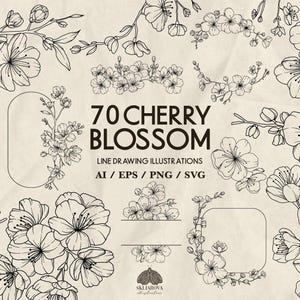 Bundle Svg printemps fleurs de cerisier Svg Sakura dessin au trait floral Svg Fleurs arbre de printemps bordure du cadre Svg botanique dessiné à la main PNG Design de mariage
