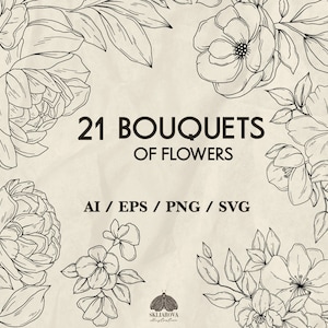 Pacote SVG de Buquês de Flores Arte Botânica em Linha Flores SVG Contorno Desenho de Linha Peônia Folhas Planta Botânica Vetor Clipart Floral Cricut PNG