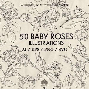 Roses Svg Bundle Floral fine line art Baby roses buds Flowers outline Botanical Svg Hand drawn flowers PNG Cut File Wedding line drawing