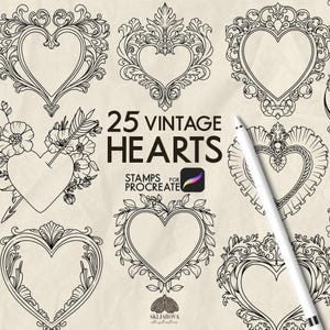 May include: A digital collection of 25 black and white line art heart illustrations featuring ornate frames, floral accents, and an arrow-pierced heart. The text reads 25 VINTAGE HEARTS STAMPS FOR PROCREATE. A white digital stylus is positioned diagonally.