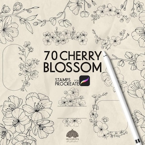 May include: A digital collection of 70 cherry blossom stamps for Procreate featuring black line art illustrations of various cherry blossom branches, clusters, and floral frames on a textured beige background with a white digital stylus.