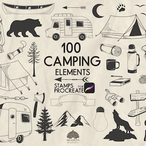 Camping Procreate Stamps Brushes Set Forest Travel Procreate Brushes Tourism stamps for Procreate Line Art Forest Adventure Procreate Stamp