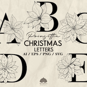 Alfabeto floral navideño SVG Paquete Poinsettia Svg Alfabeto de invierno ABC Letras botánicas dibujadas a mano Clipart Monograma Cricut Letra PNG