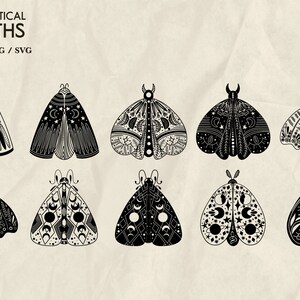 May include: Ten black and white illustrations of moths with intricate patterns and designs. The moths are all different shapes and sizes, and some have wings that are spread out while others have wings that are folded. The moths are all set against a light brown background.