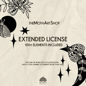 May include: Black and white illustration of moths, stars, and crescent moons with leaves. The text "THEMOTHART SHOP" and "EXTENDED LICENSE 100+ ELEMENTS INCLUDED" is displayed.  For one or more sets of illustrations with a total number of elements more than 100.