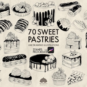 Pieczątki Food Procreate Sweet Pastries Stamp Brushes do Procreate Cake Dessert Muffin Pie Birthday Cake Wedding Layered Cake Stamp Brush Set