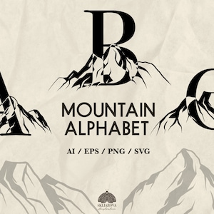 Pacote SVG de alfabeto de montanha, monograma da natureza, montanhas, letras SVG, clipart, viagem, casamento, alfabeto, silhueta, ABC, Cricut, PNG, vetor