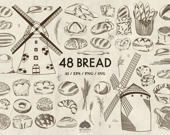 Bröd Svg-paket: 48 handritade illustrationer av mat och vindkraftverk (+PNG, EPS)