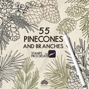 Peut inclure: Un ensemble d'illustrations numériques présentant 55 pommes de pin et branches en traits noirs sur un fond beige texturé. Le texte indique 55 PINECONES AND BRANCHES STAMPS FOR PROCREATE. Un stylet numérique blanc est placé en diagonale sur l'image.