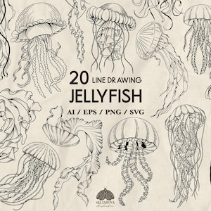 Ensemble Svg de méduses animaux marins dessin au trait Svg méduses contour dessinés à la main clipart méduse Svg animaux océaniques Svg méduse nautique Svg Cricut