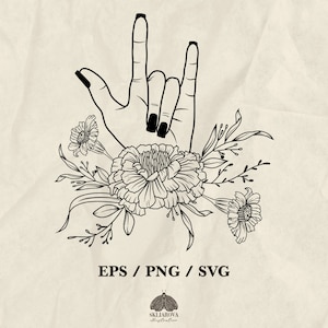 Signo de mano de rock and roll Svg Heavy metal Svg Rock On Music Svg Mano de mujer con flores Svg Mano floral Cricut Divertida impresión de camiseta negra polaca