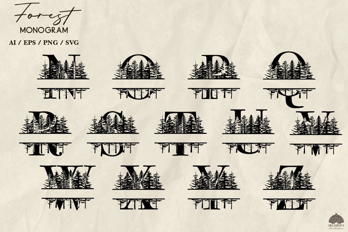 Forest Split Monogram SVG Bundle: Pine Tree Wedding Alphabet Letters ...